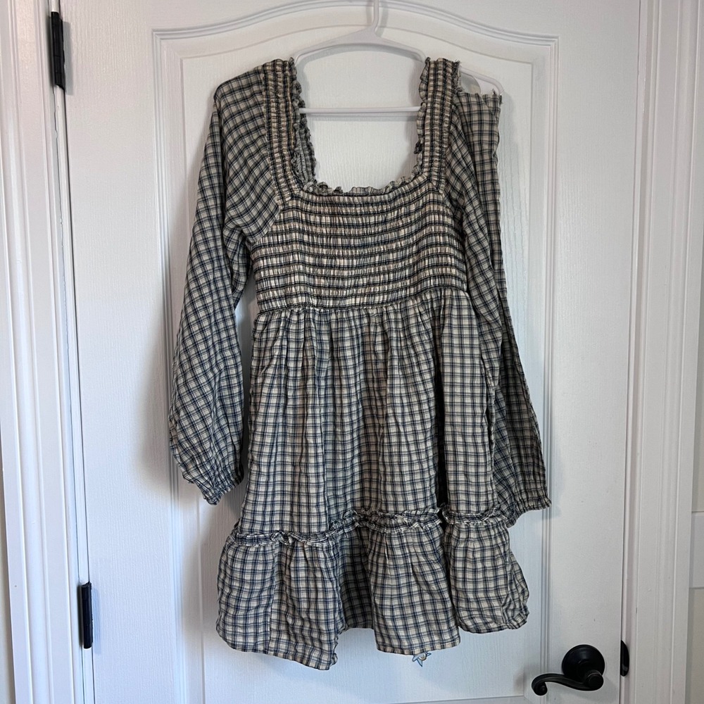 American Eagle Smocked Plaid Mini Dress Blue White Square Neck Small 0605U9A